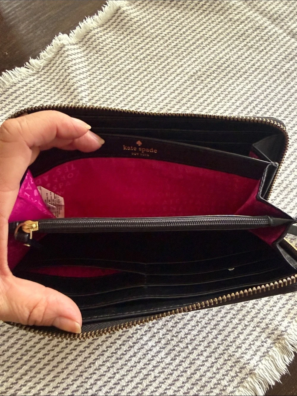 kate spade Black and White Striped Patent Zip Wallet